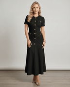 Aureline Maxi Dress, textured knit fabric, round neck, smooth finish, Lauven brand, modern elegant style.