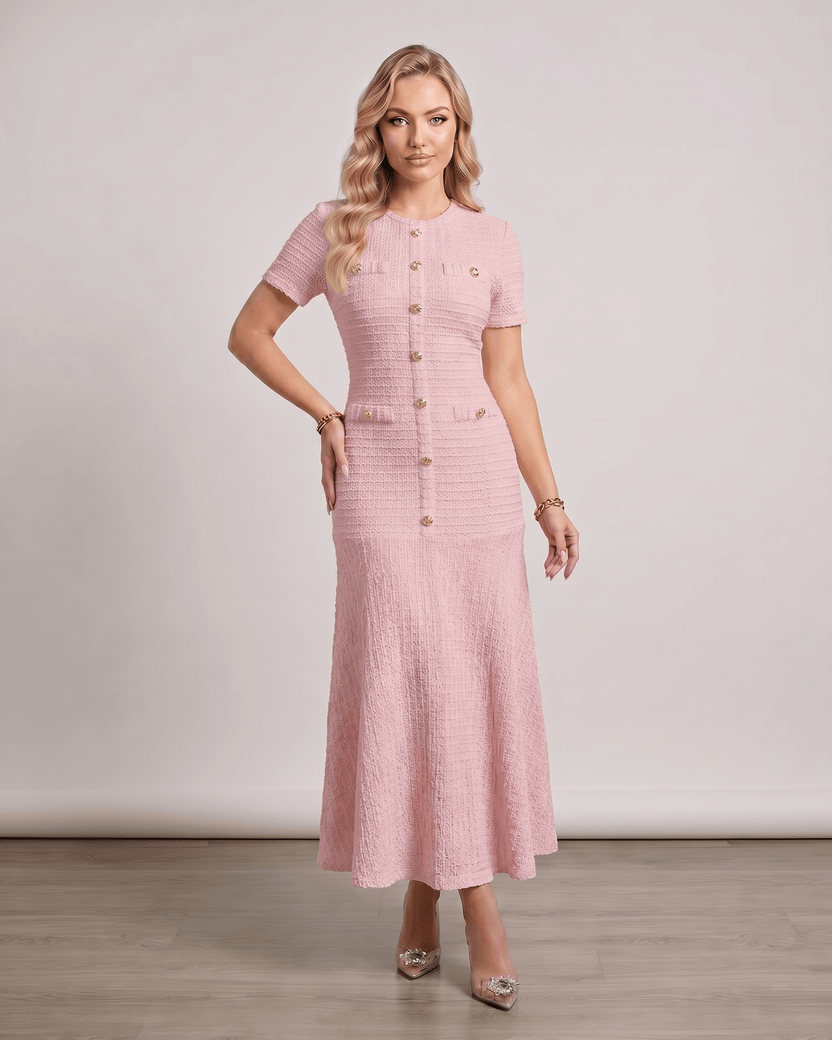 Aureline Maxi Dress by Lauven, textured knit, round neck, softly contoured silhouette, flared hem, elegant style.