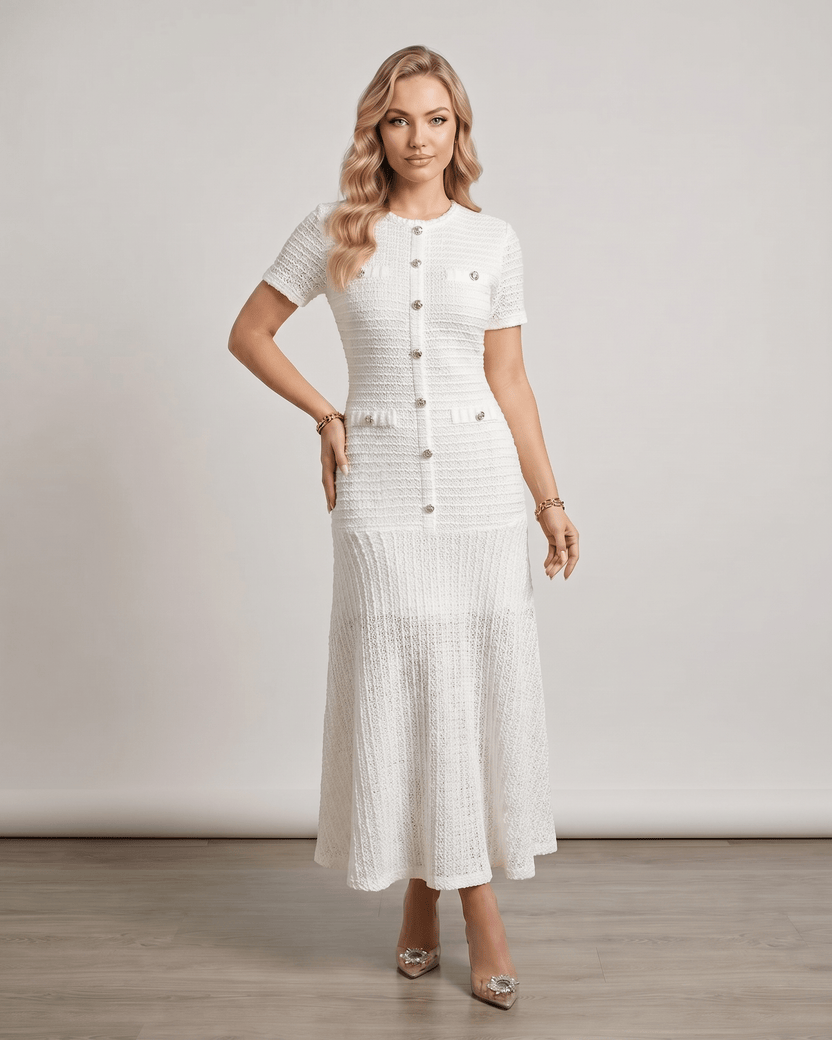Aureline Maxi Dress by Lauven, featuring a textured knit, round neck, and a gently flared hem for elegant movement.