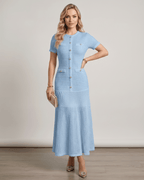 Aureline Maxi Dress by Lauven, textured knit, round neck, softly contoured silhouette, elegant blue design.