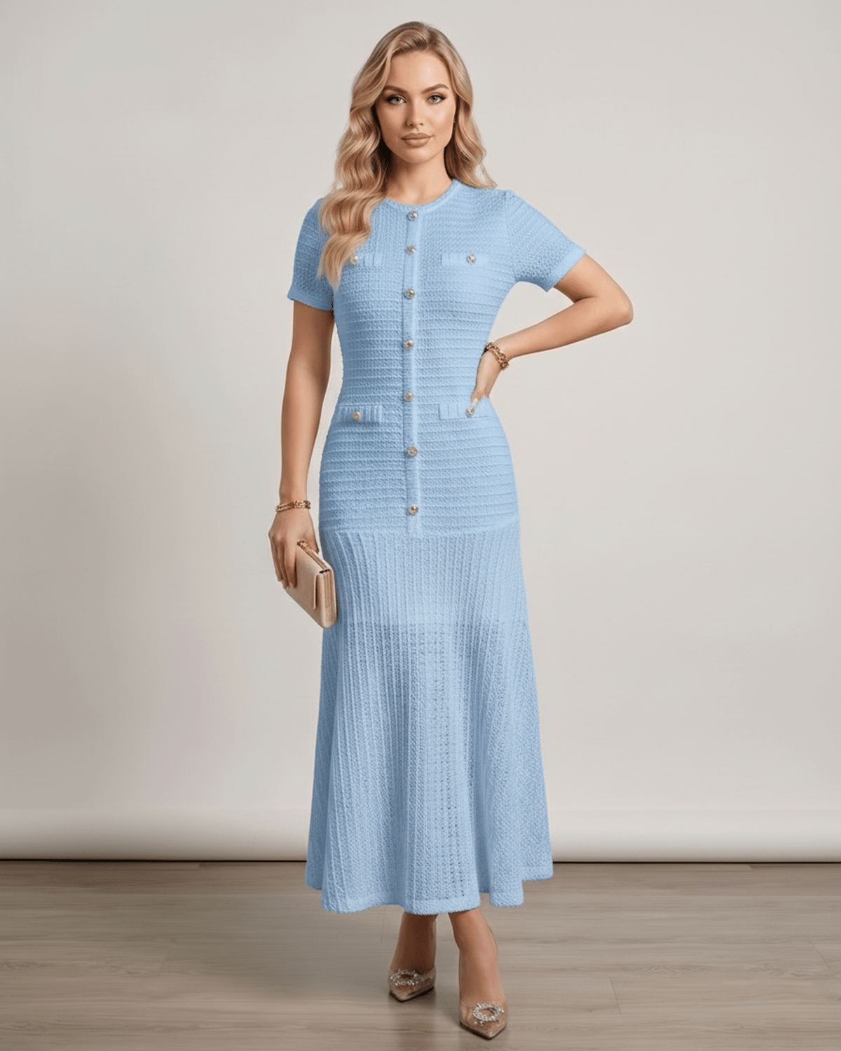 Aureline Maxi Dress by Lauven, textured knit, round neck, softly contoured silhouette, elegant blue design.