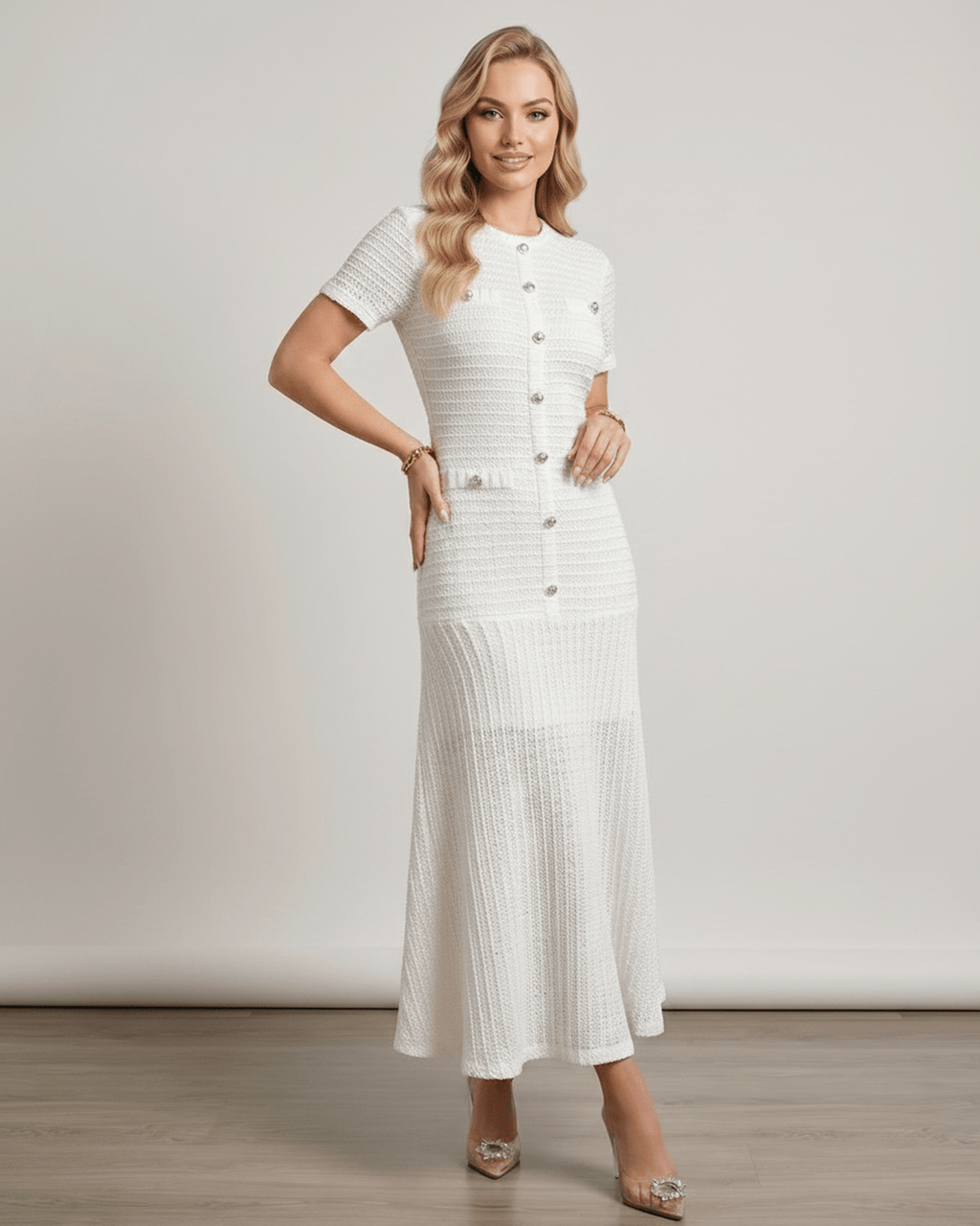 Aureline Maxi Dress in textured knit with round neck, featuring a flared hem and polished finish by Lauven.