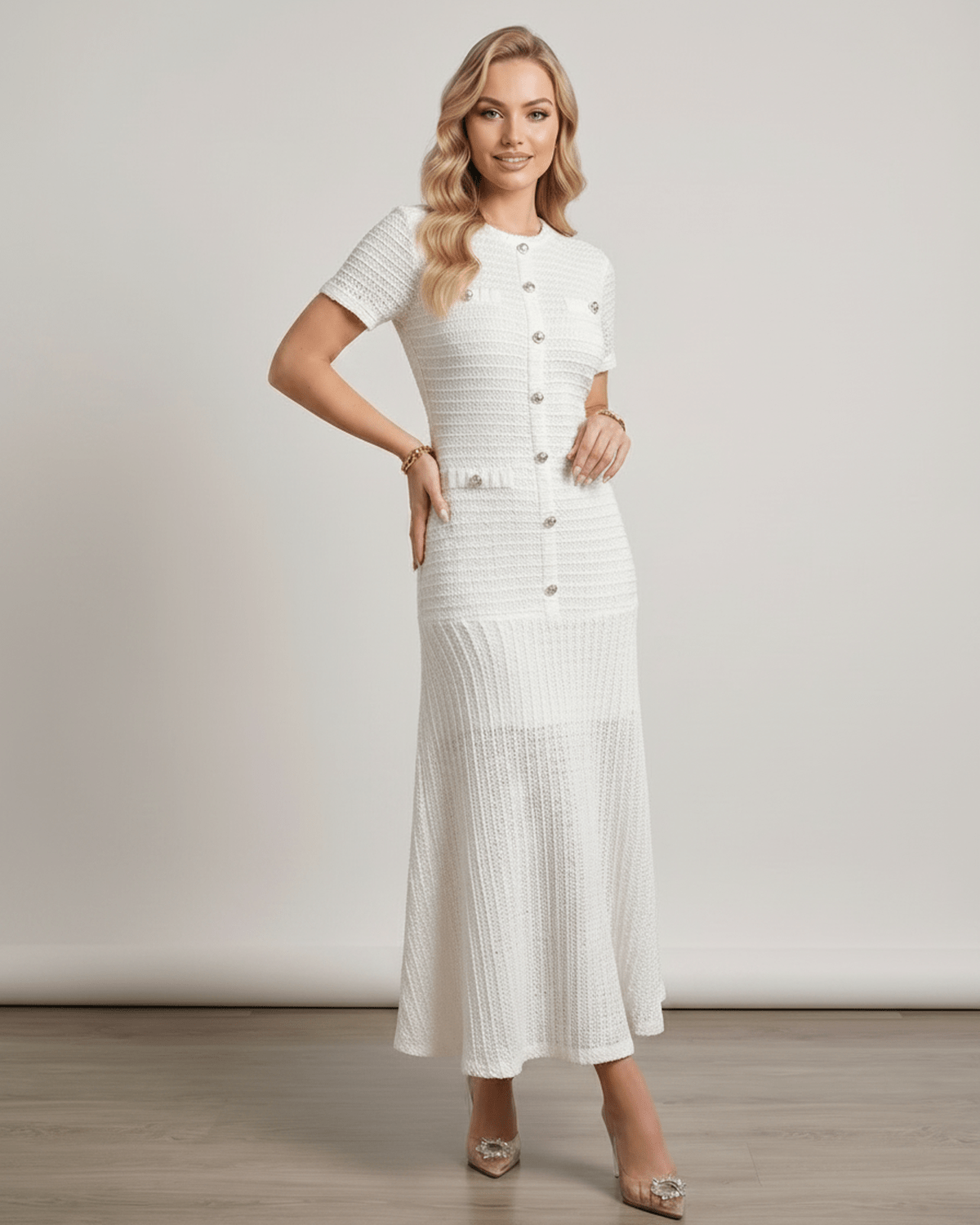 Aureline Maxi Dress in textured knit with round neck, featuring a flared hem and polished finish by Lauven.