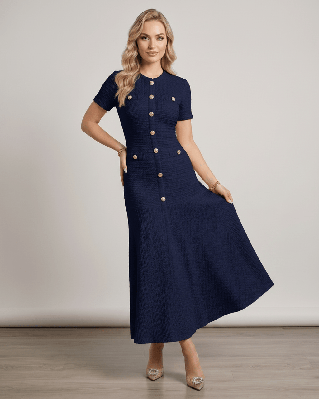 Aureline Maxi Dress by Lauven, textured knit with round neck and flared hem, perfect for modern wardrobes.