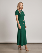 Aureline Maxi Dress in textured knit features a round neck and flared hem, by Lauven, showcasing elegant silhouette.