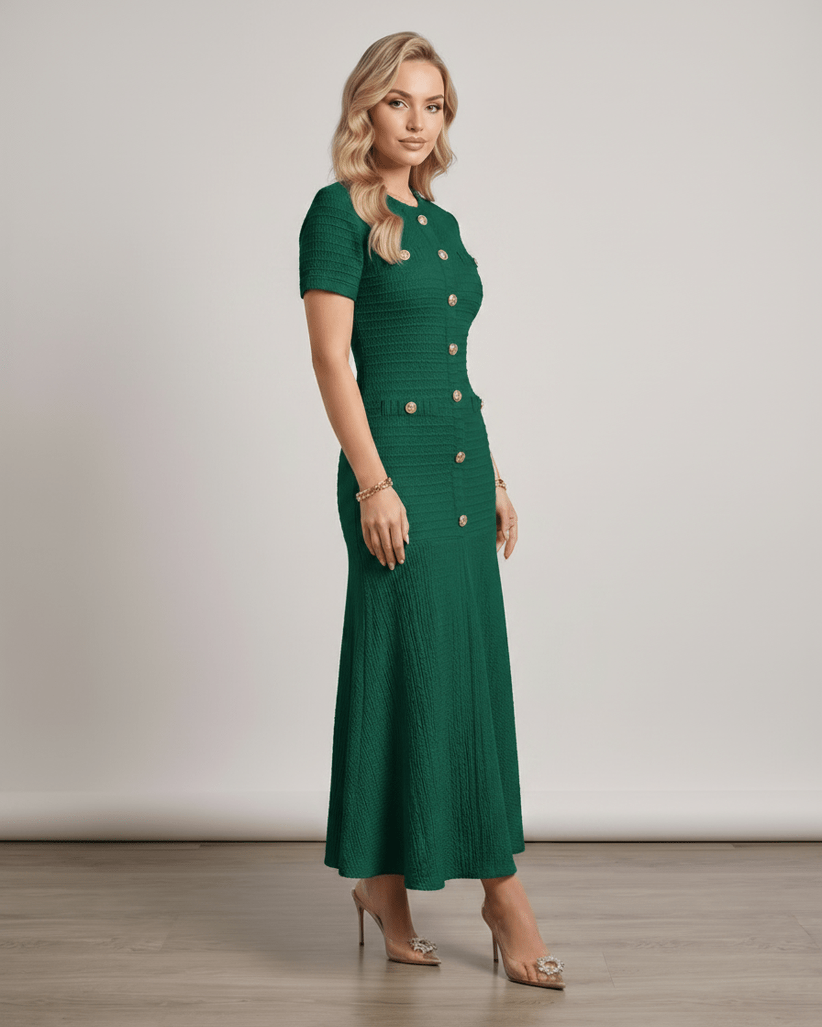 Aureline Maxi Dress in textured knit features a round neck and flared hem, by Lauven, showcasing elegant silhouette.