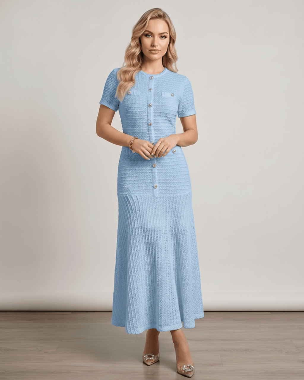 Aureline Maxi Dress by Lauven, textured knit, round neck, elegant design, soft flare, modern fashion, blue color.