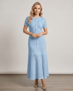 Aureline Maxi Dress by Lauven, textured knit, round neck, elegant design, soft flare, modern fashion, blue color.