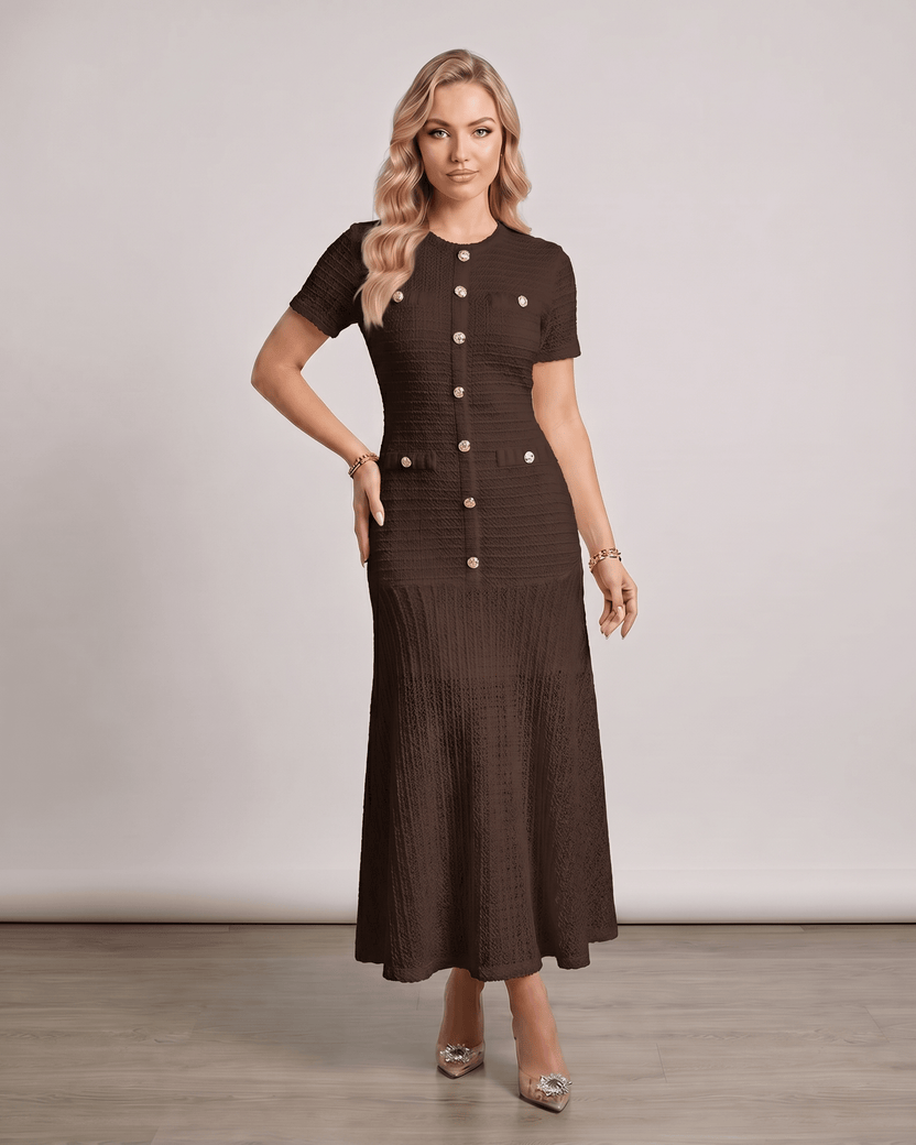 Aureline Maxi Dress from Lauven, featuring textured knit, round neck, and a softly contoured silhouette for elegant style.