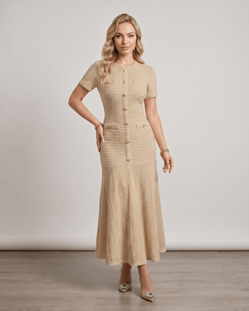 Aureline Maxi Dress featuring textured knit, round neck, fluid movement, and a refined silhouette by Lauven.