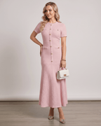 Aureline Maxi Dress by Lauven, textured knit, round neck, refined silhouette, gently flared hem, perfect for modern wardrobes.