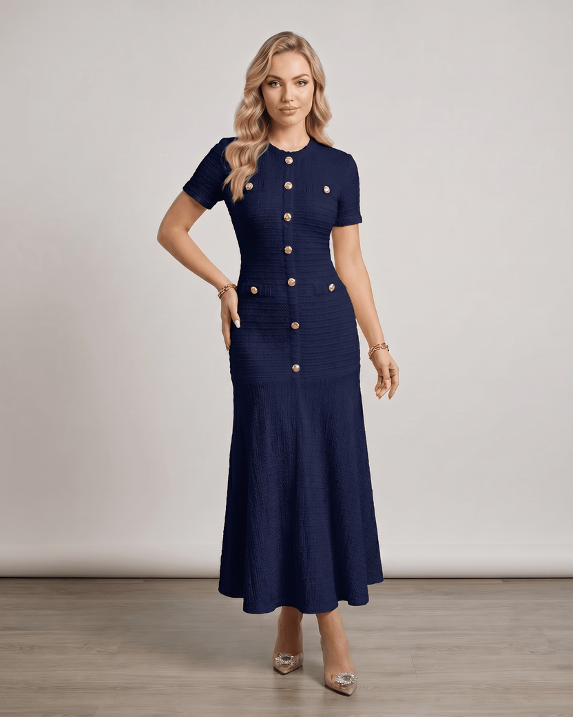 Aureline Maxi Dress in textured knit with round neck, featuring a flared hem, by Lauven, creating a polished silhouette.