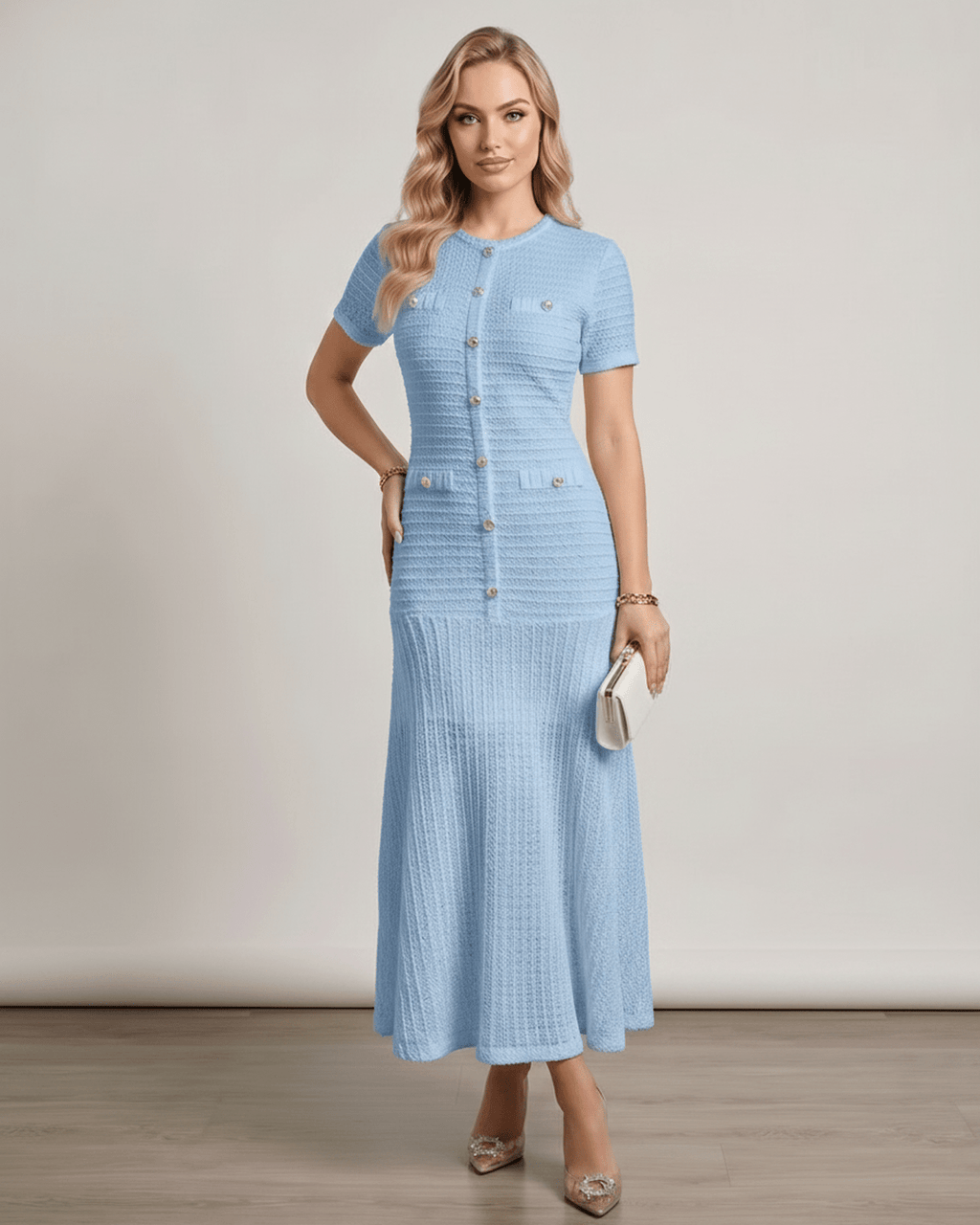 Aureline Maxi Dress by Lauven, textured knit, round neck, refined structure, fluid movement, modern wardrobe essential.