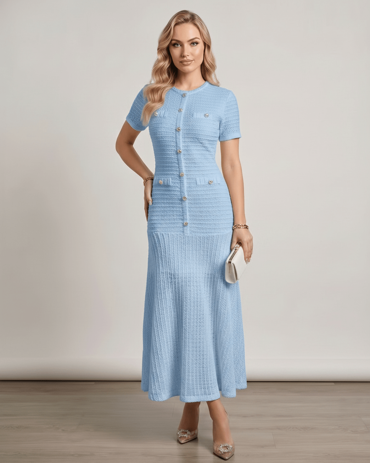 Aureline Maxi Dress by Lauven, textured knit, round neck, refined structure, fluid movement, modern wardrobe essential.