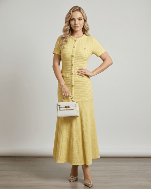 Aureline Maxi Dress - Textured knit, round neck, softly contoured silhouette by Lauven. Elegant yellow dress with a flared hem.
