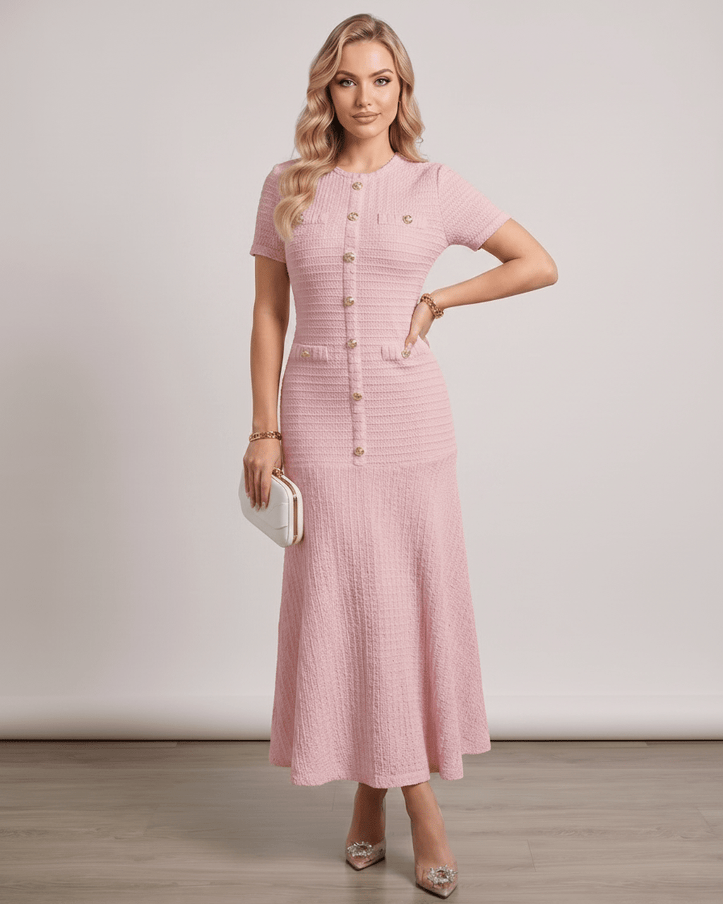 Aureline Maxi Dress in soft pink textured knit, featuring round neck and flared hem from Lauven, perfect for modern elegance.