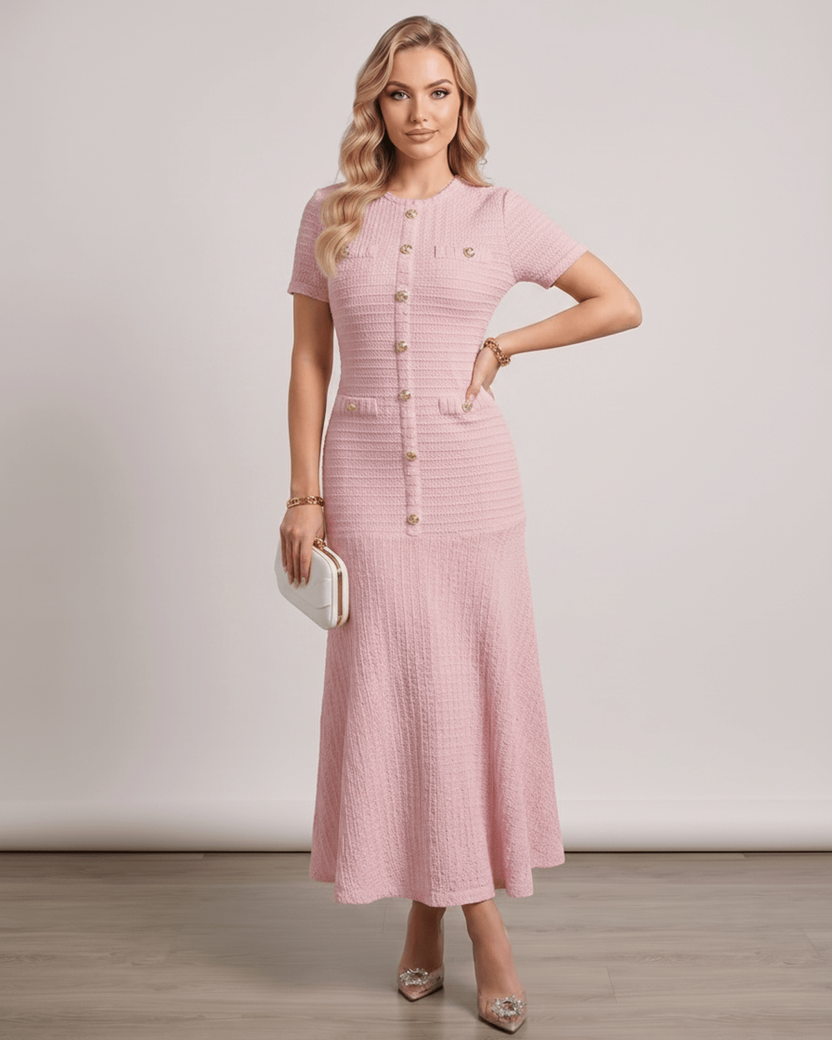 Aureline Maxi Dress in soft pink textured knit, featuring round neck and flared hem from Lauven, perfect for modern elegance.