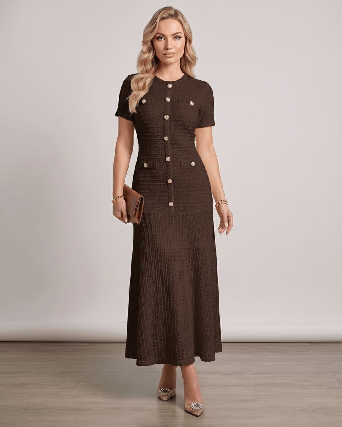 Aureline Maxi Dress featuring a textured knit, round neck, and a refined silhouette by Lauven.