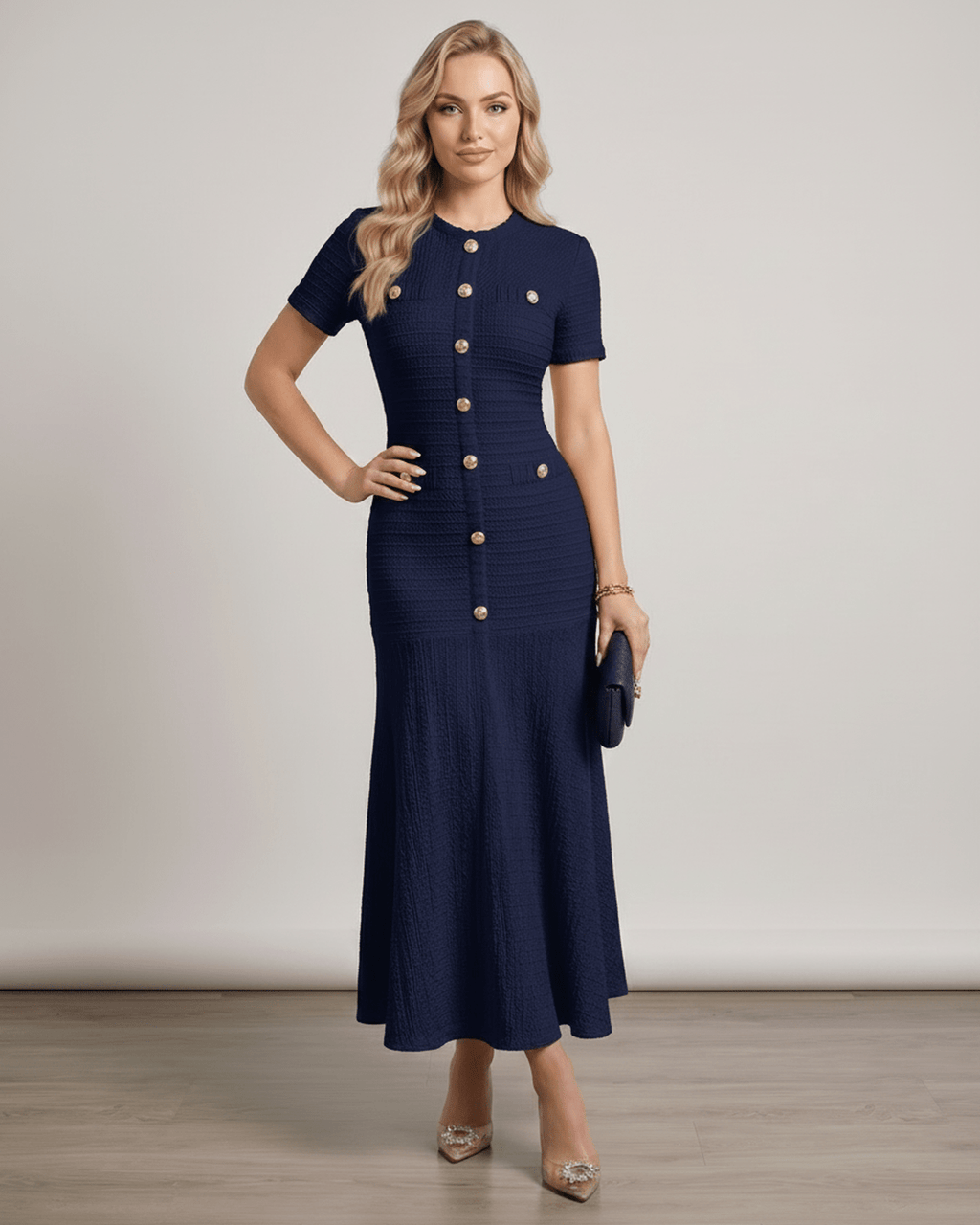 Aureline Maxi Dress by Lauven, featuring textured knit, round neck, and gently flared hem for a polished look.