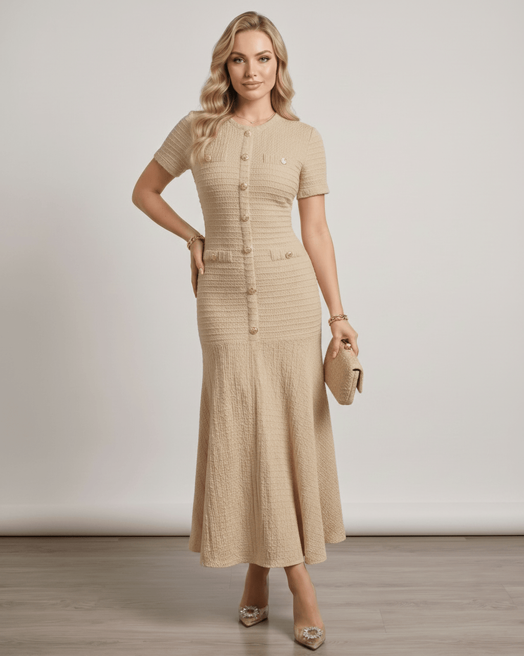 Aureline Maxi Dress in textured knit with round neck and flared hem by Lauven, offering elegance and modern style.