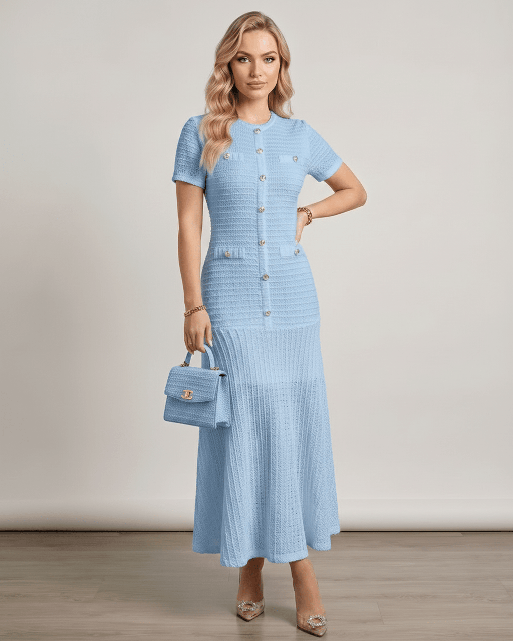 Aureline Maxi Dress by Lauven, textured knit, round neck, refined structure, flared hem, modern elegance.