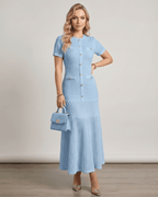 Aureline Maxi Dress by Lauven, textured knit, round neck, refined structure, flared hem, modern elegance.