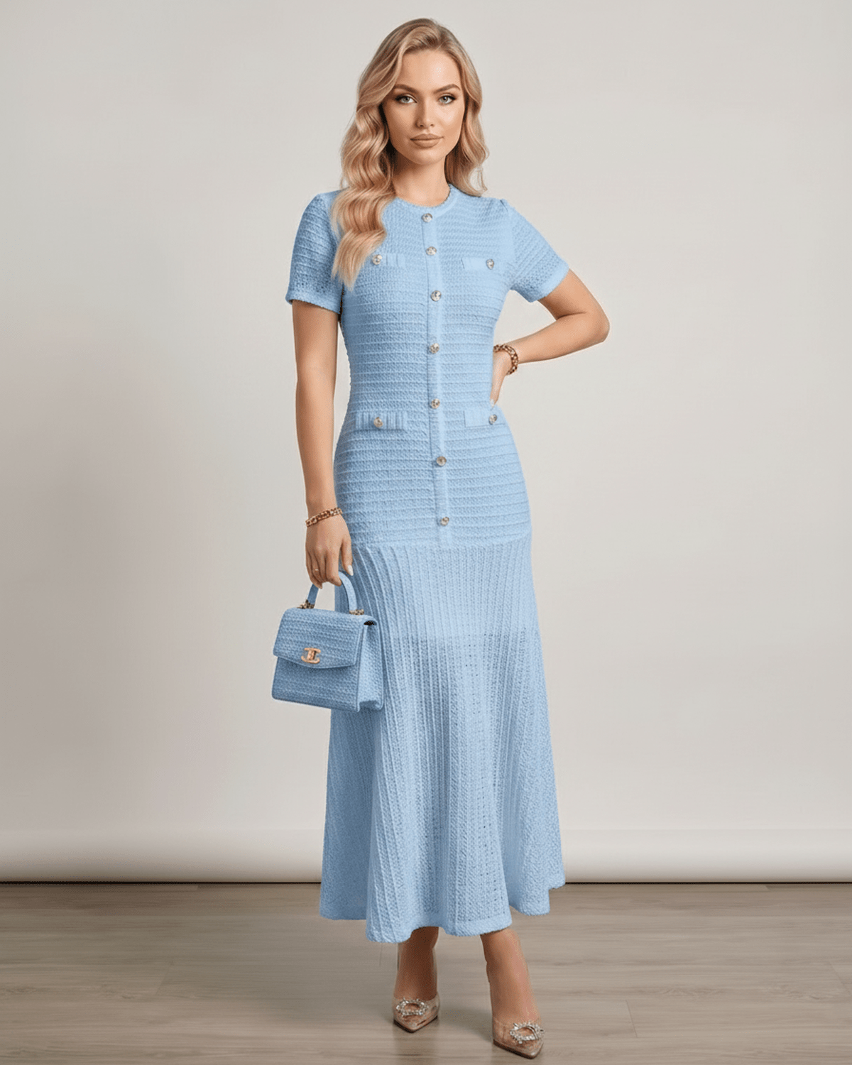 Aureline Maxi Dress by Lauven, textured knit, round neck, refined structure, flared hem, modern elegance.