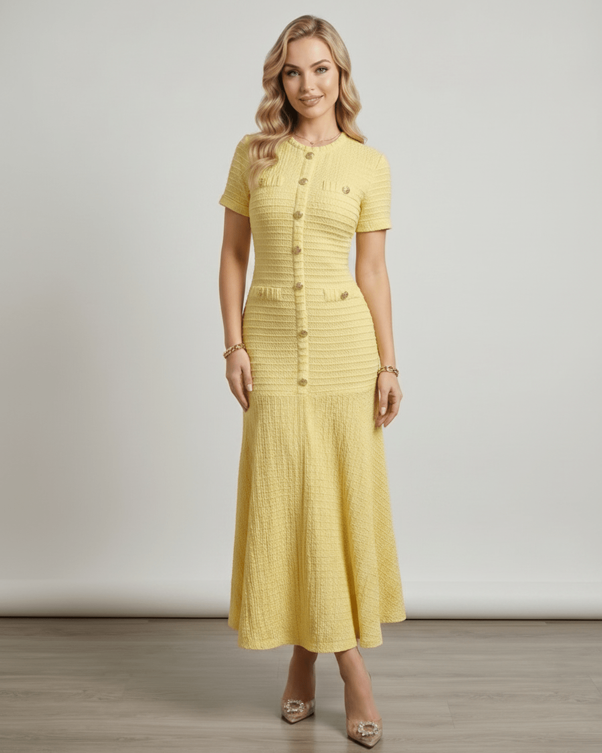 Aureline Maxi Dress in textured knit, featuring round neck and gently flared hem from Lauven, perfect for a polished look.
