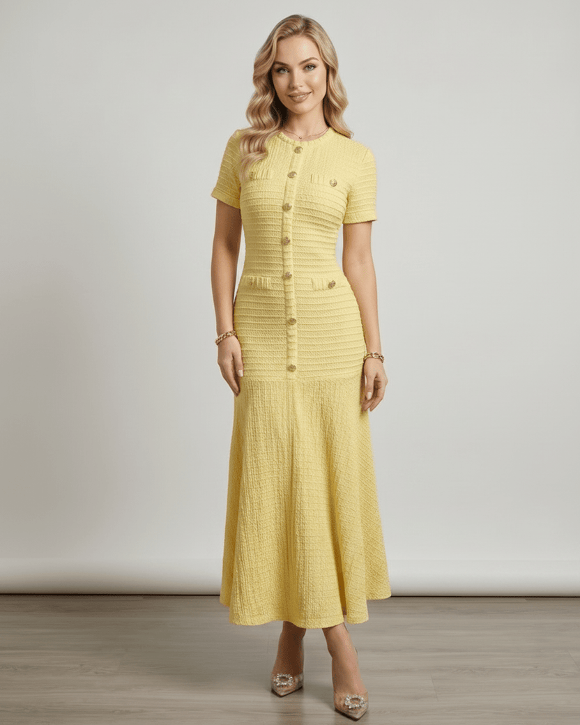Aureline Maxi Dress in textured knit, featuring round neck and gently flared hem from Lauven, perfect for a polished look.