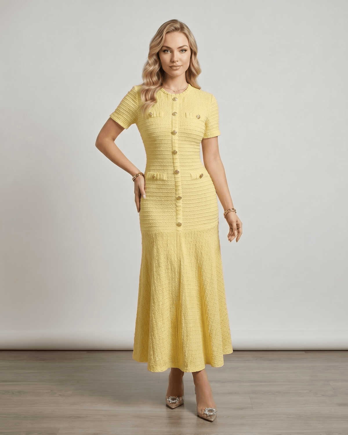 Aureline Maxi Dress by Lauven - Textured knit, round neck, flared hem for fluid movement, stylish and polished.