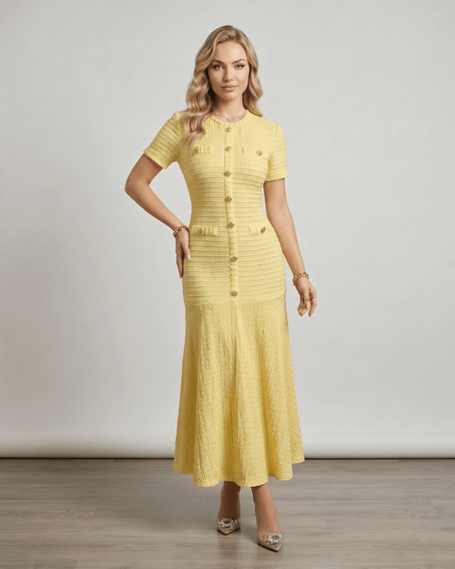 Aureline Maxi Dress by Lauven - Textured knit, round neck, flared hem for fluid movement, stylish and polished.
