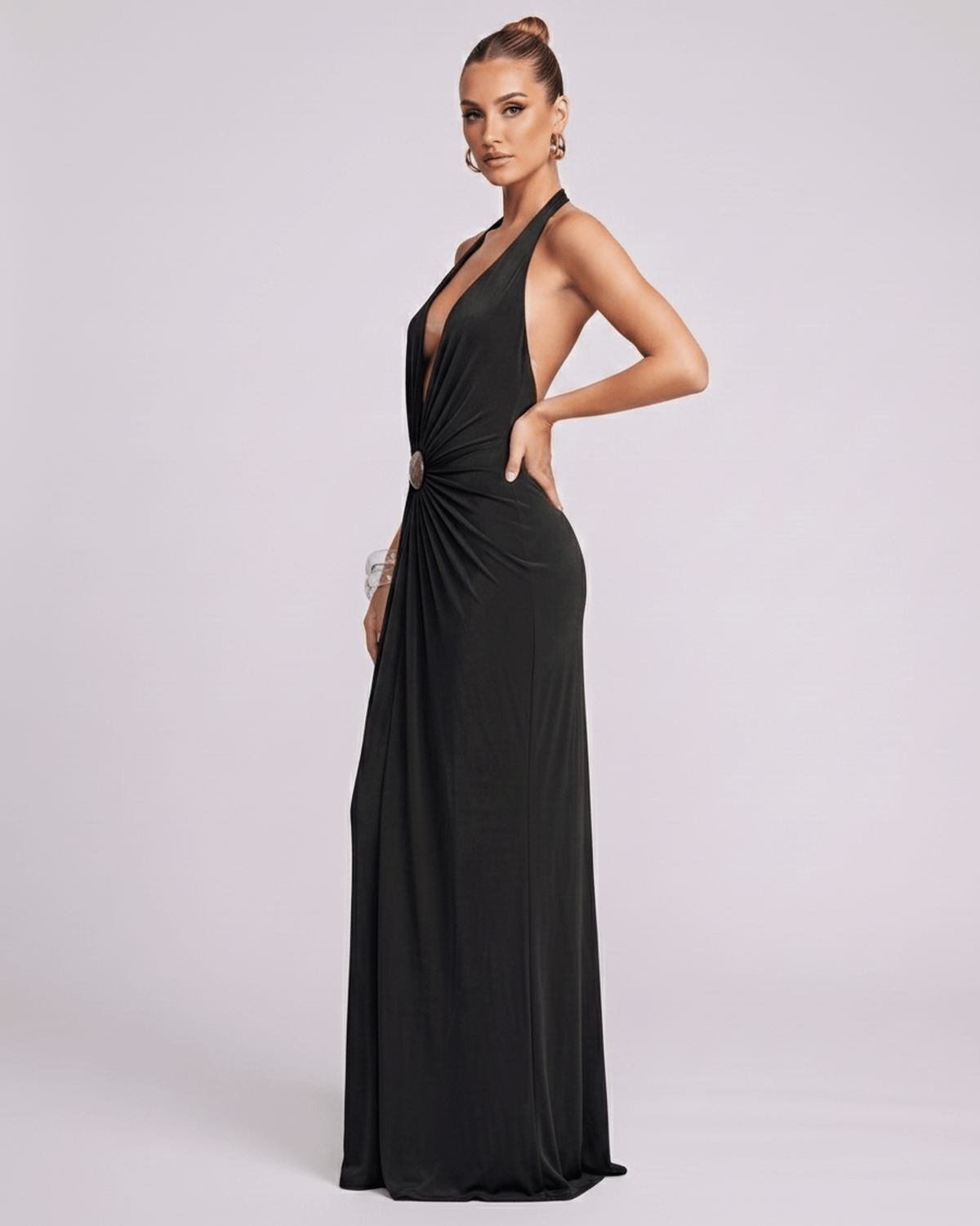 Aurelis Maxi Dress in black with deep V-neck, halter design, gathered waist detail, by Lauven. Elegant and fluid fabric.