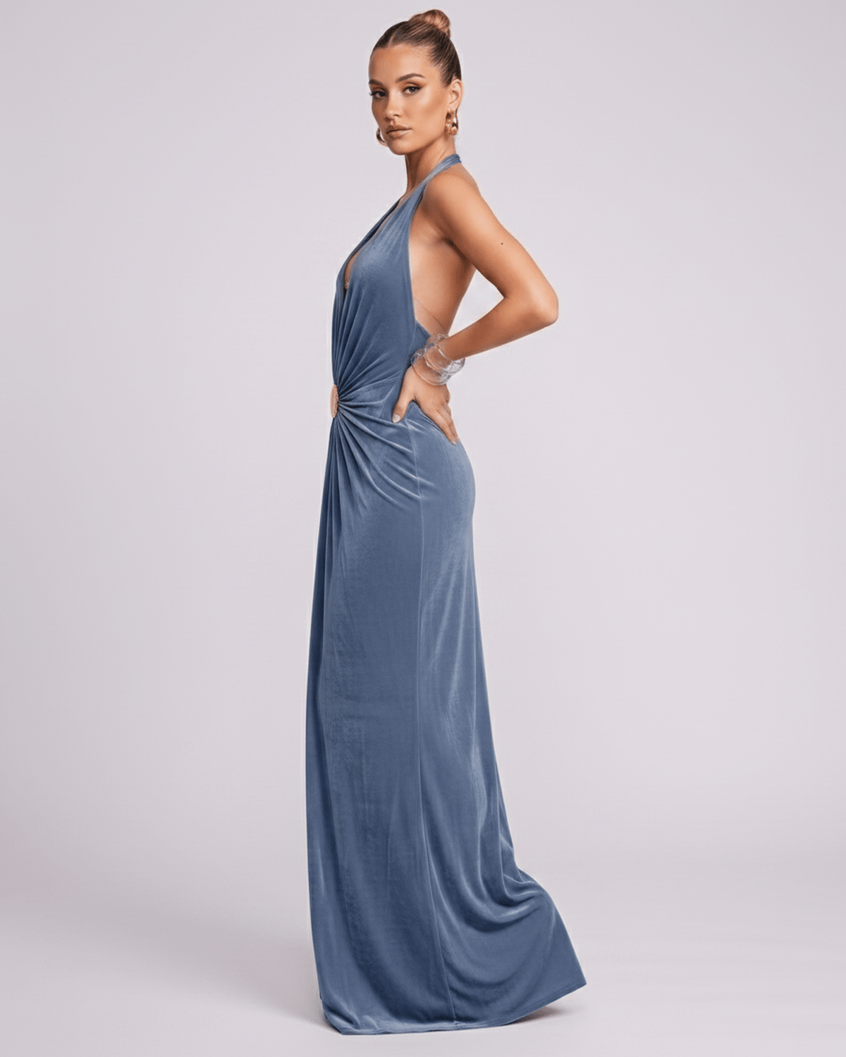 Aurelis Maxi Dress in blue, featuring a deep V-neck, soft drape, and gathered waist detailing by Lauven.