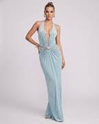 Aurelis Maxi Dress featuring a V-neck design, gathered waist detailing, and fluid polyester-spandex blend for an elegant look.