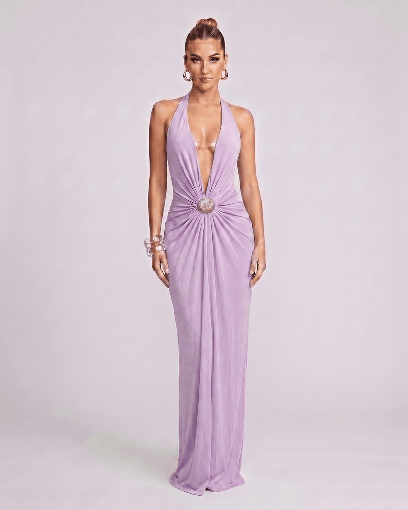 Aurelis Maxi Dress in lavender, featuring a deep V-neck, gathered waist detail, from Lauven brand. Elegant and smooth.