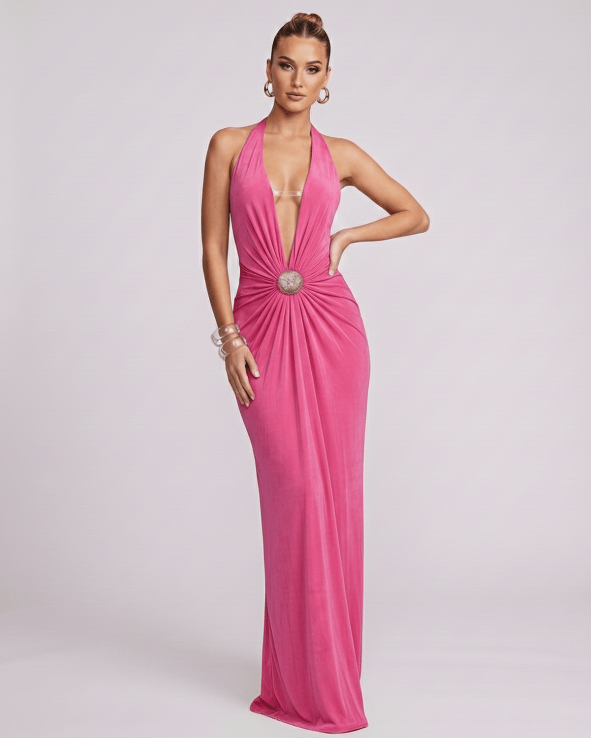 Aurelis Maxi Dress in vibrant pink, featuring a V-neck halter, gathered waist, and sleek polyester-spandex blend.