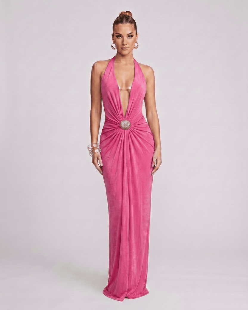 Aurelis Maxi Dress in bold pink, featuring a deep V-neck, halter silhouette, and gathered waist for a stunning look by Lauven.