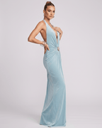 Aurelis Maxi Dress in light blue, featuring a V-neck halter design with gathered waist and a fluid polyester-spandex blend.