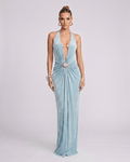 Aurelis Maxi Dress featuring V-neck halter silhouette, gathered waist detailing, and luxurious blue sheen by Lauven.