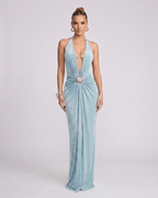 Aurelis Maxi Dress featuring V-neck halter silhouette, gathered waist detailing, and luxurious blue sheen by Lauven.
