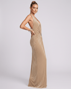 Aurelis Maxi Dress featuring polyester-spandex blend, deep V-neck halter silhouette, smooth drape, and Lauven brand elegance.