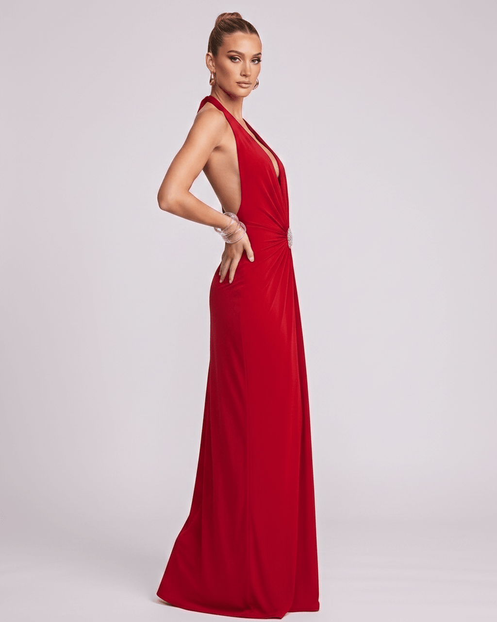 Aurelis Maxi Dress in red, featuring a V-neck, gathered waist, and smooth polyester-spandex blend by Lauven.