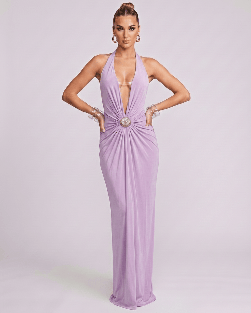 Aurelis Maxi Dress in lavender, featuring deep V-neck, halter silhouette, bodycon fit, and gathered waist detail by Lauven.