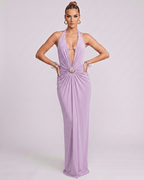 Aurelis Maxi Dress in lavender, featuring deep V-neck, halter silhouette, bodycon fit, and gathered waist detail by Lauven.