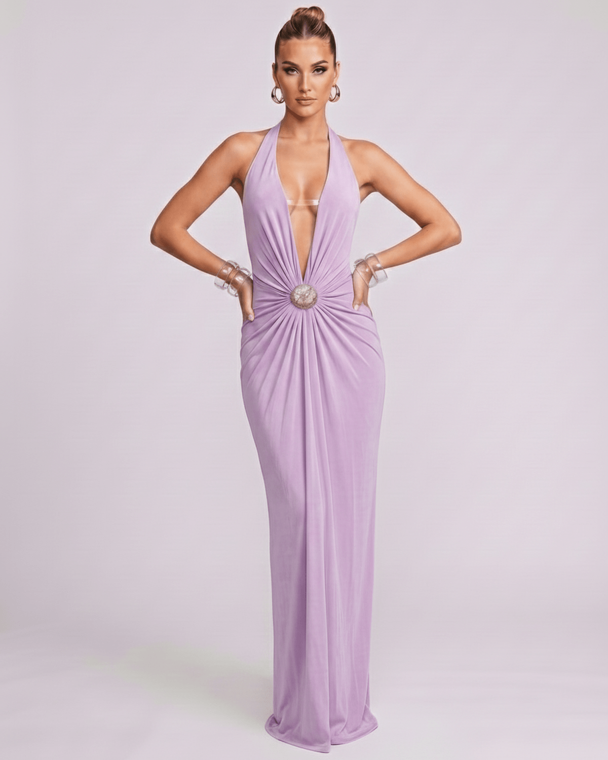 Aurelis Maxi Dress in lavender, featuring deep V-neck, halter silhouette, bodycon fit, and gathered waist detail by Lauven.