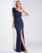 Aurelium Maxi Dress in navy with one-shoulder design, ruffled detailing, and sleek silhouette by Lauven.
