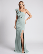 Aurelium Maxi Dress featuring a one-shoulder design, smooth stretch fabric, and stylish layered wavy details by Lauven.