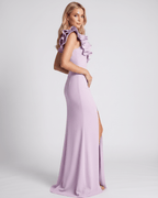 Aurelium Maxi Dress in lavender, featuring one-shoulder design, wavy detail, and smooth stretch fabric by Lauven.