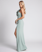 Aurelium Maxi Dress featuring smooth stretch fabric, one-shoulder design, and sculptural layered detailing by Lauven.