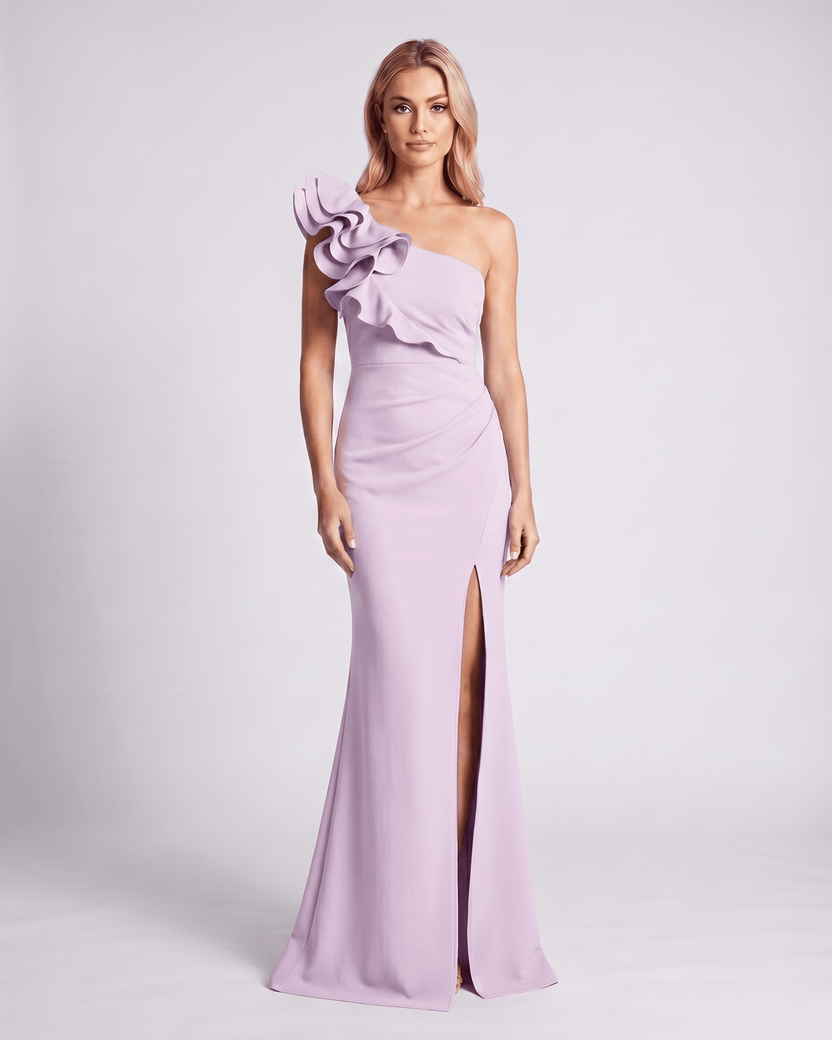 Aurelium Maxi Dress in lavender, featuring one-shoulder design, wavy detailing, and stretch fabric by Lauven.